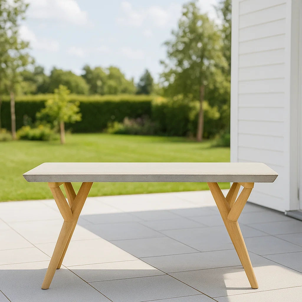 Table basse de jardin résine rectangulaire effet béton pieds bois