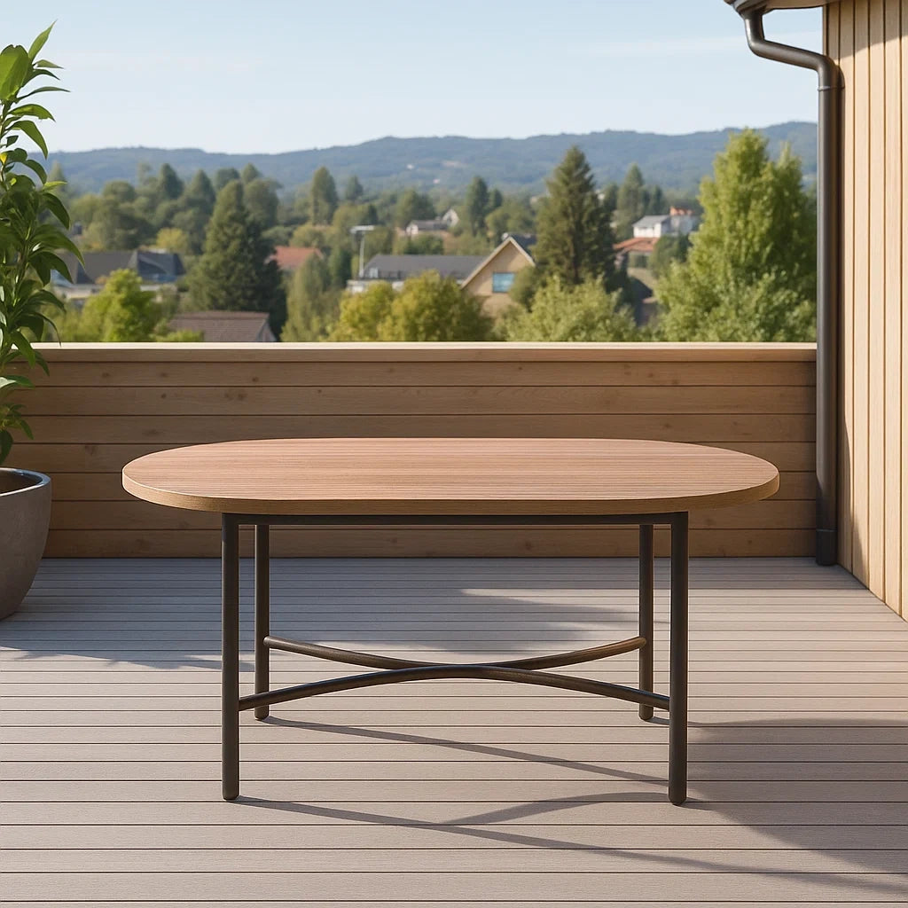 Table basse de jardin ovale bois composite pieds métal 150x90x75 cm