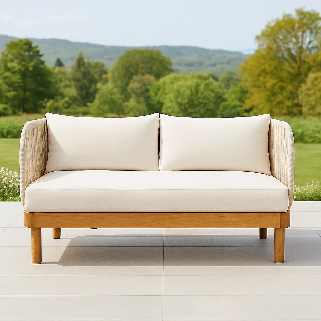 Canapé 2 places droit beige bois/métal intérieur/extérieur 160x85x75 cm