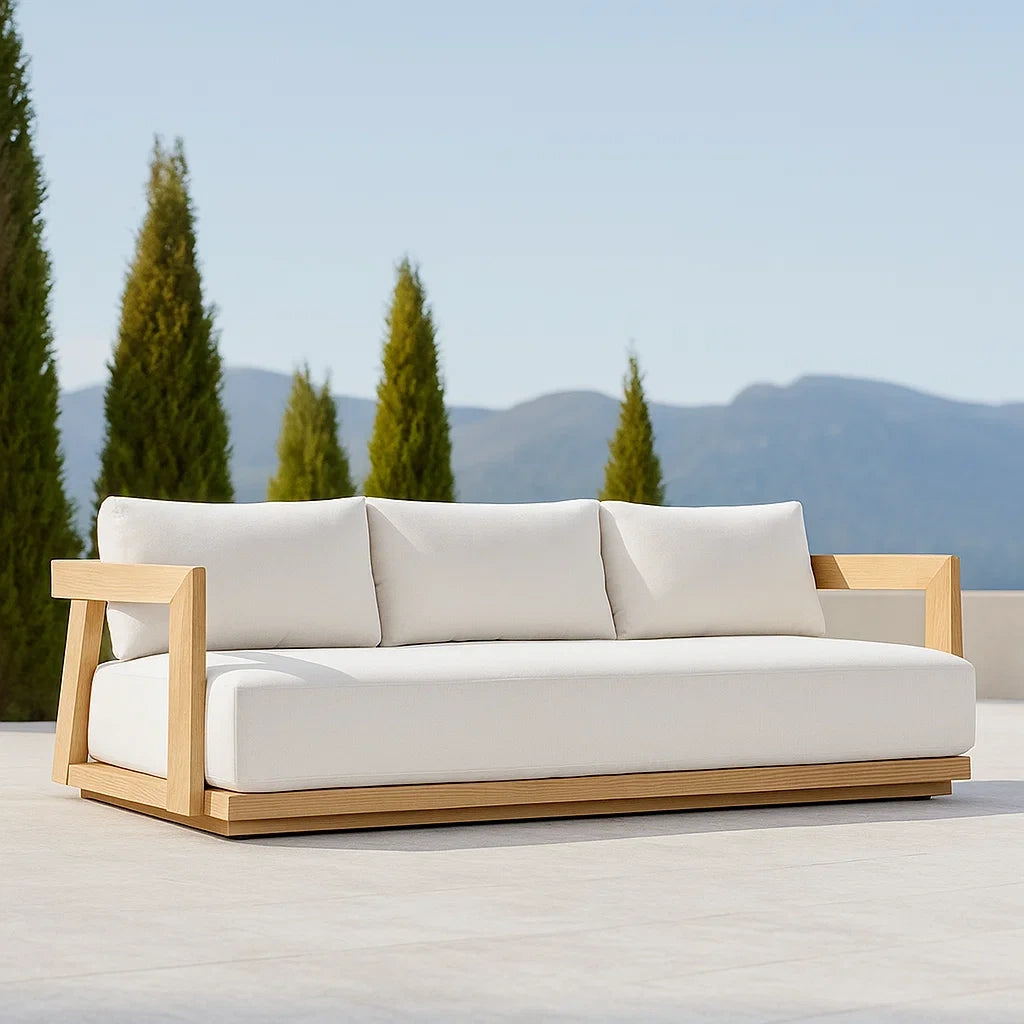 Canapé d'extérieur 3 places bois de chêne tissu polyester blanc rectangulaire