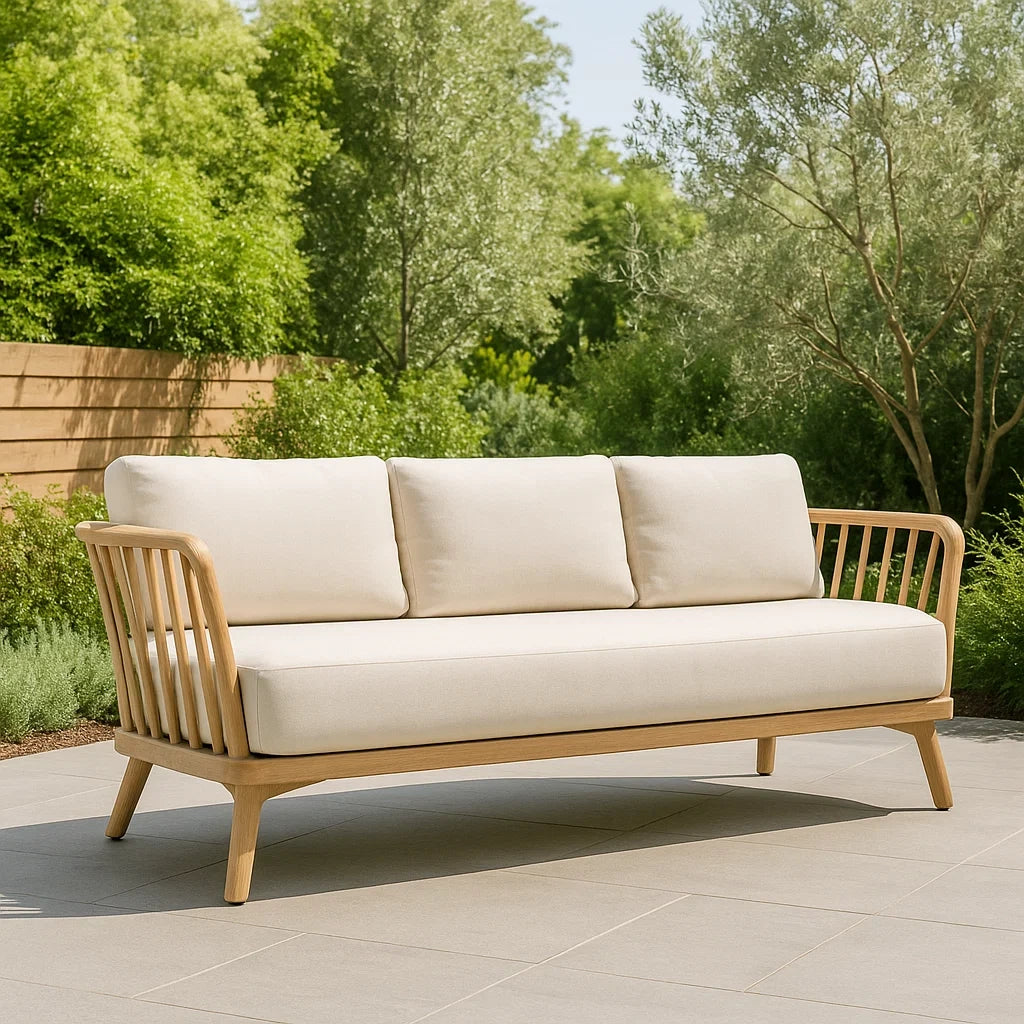 Canapé de jardin bois de teck coussins tissu beige 180x75x80 cm