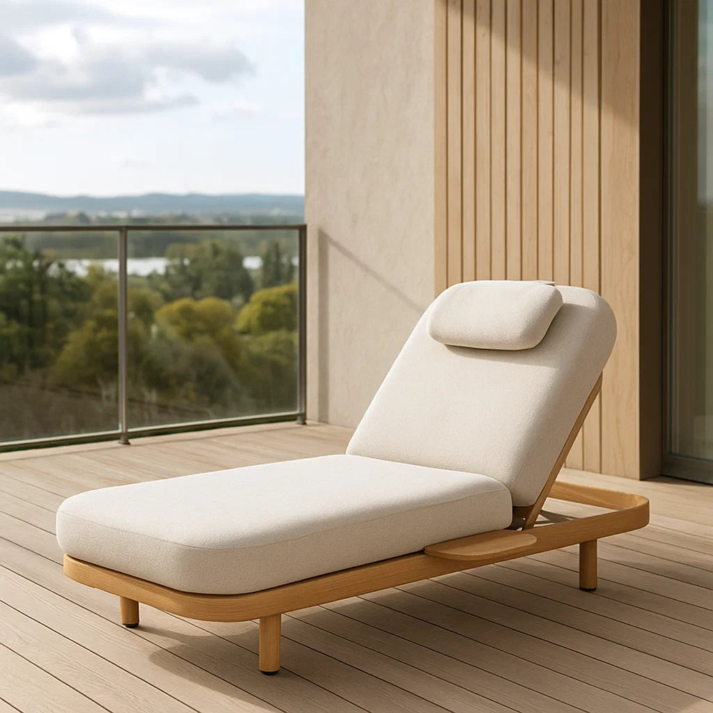 Chaise longue réglable tissu beige cadre bois clair 200x70x80 cm