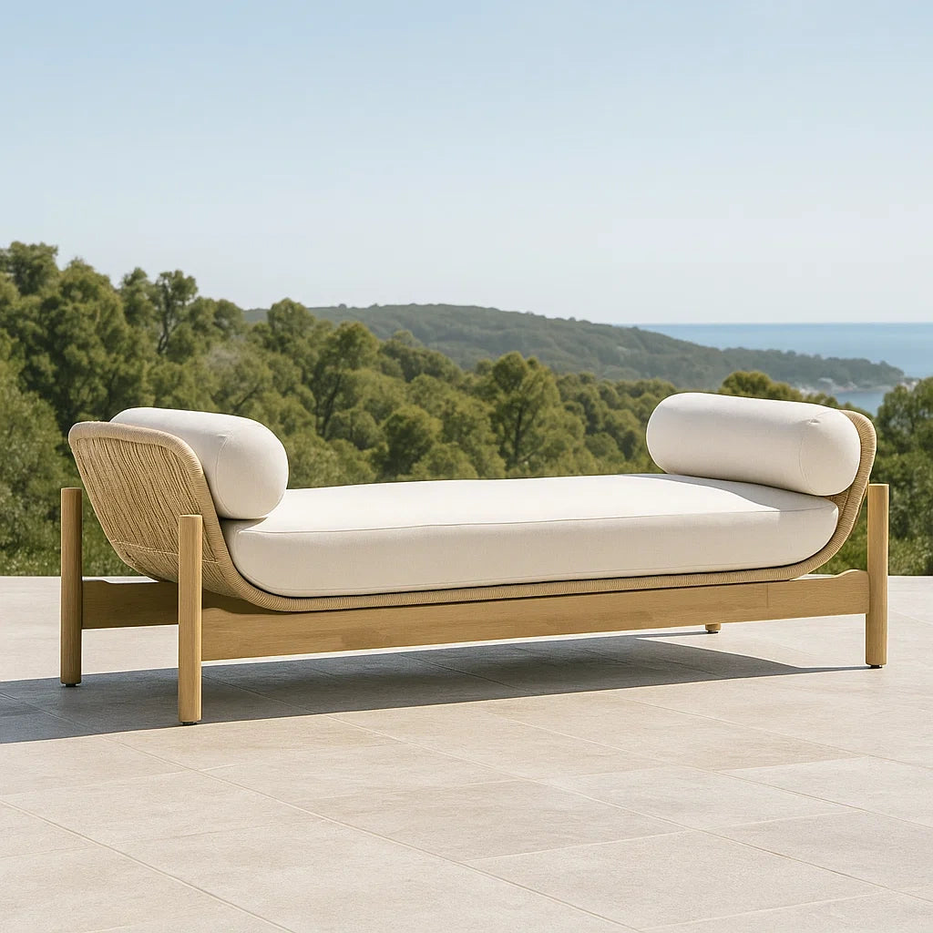 Chaise longue bois coussins amovibles dossier fibre synthétique 200x80x60 cm beige