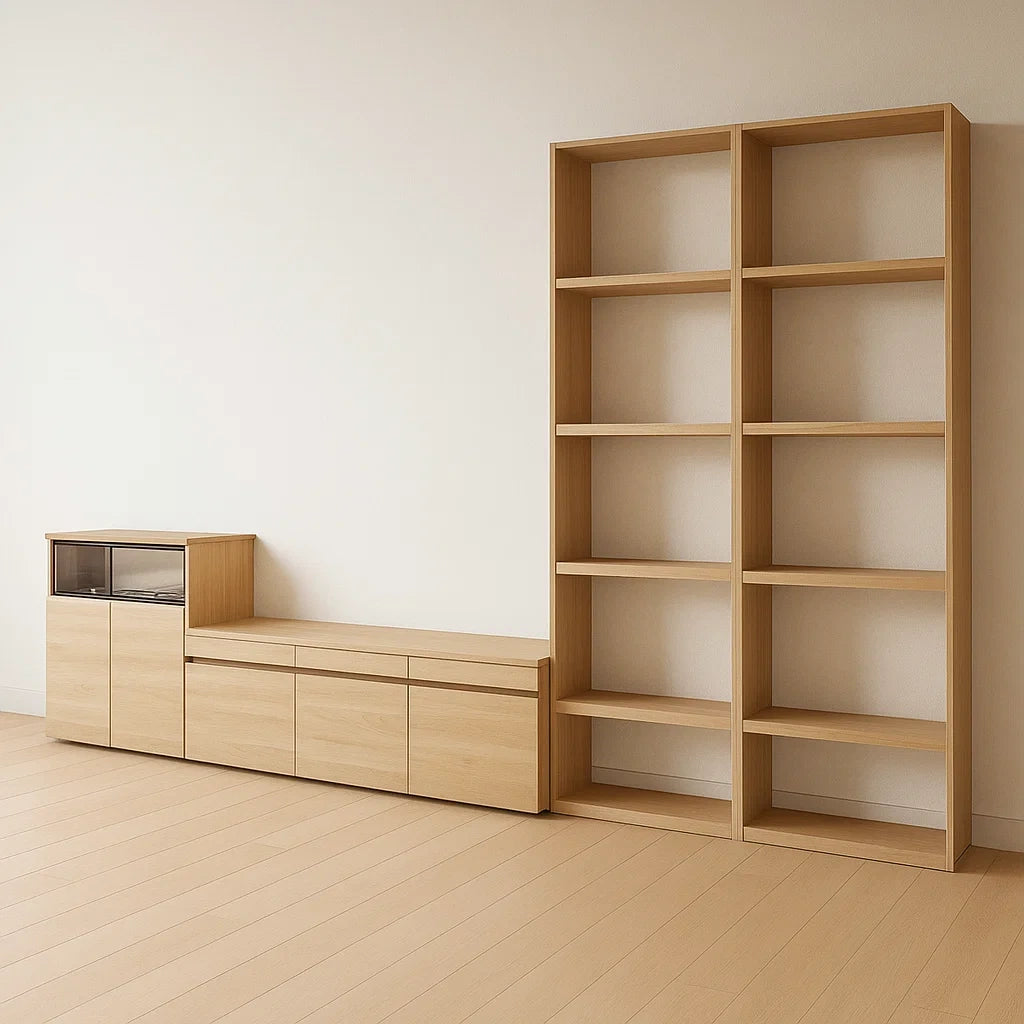 Meuble TV bois naturel avec étagères 2 pièces