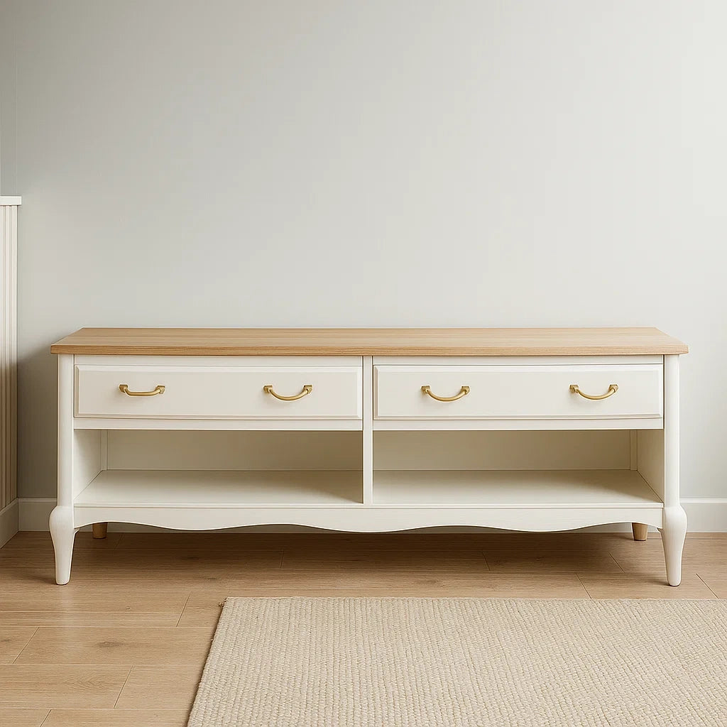 Meuble TV bois MDF blanc/beige avec 2 tiroirs et espace de rangement 120x40x50 cm