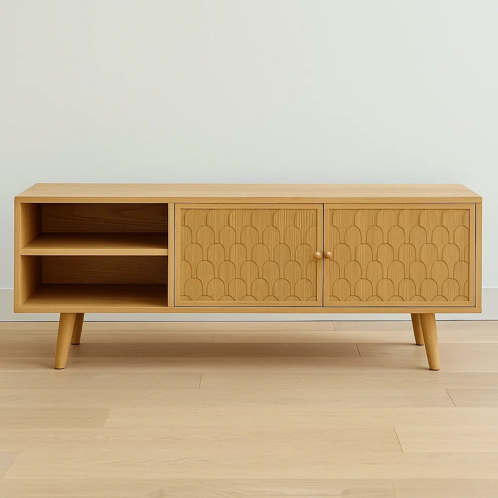 Meuble TV bois massif avec portes sculptées en chêne clair 140x40x50 cm