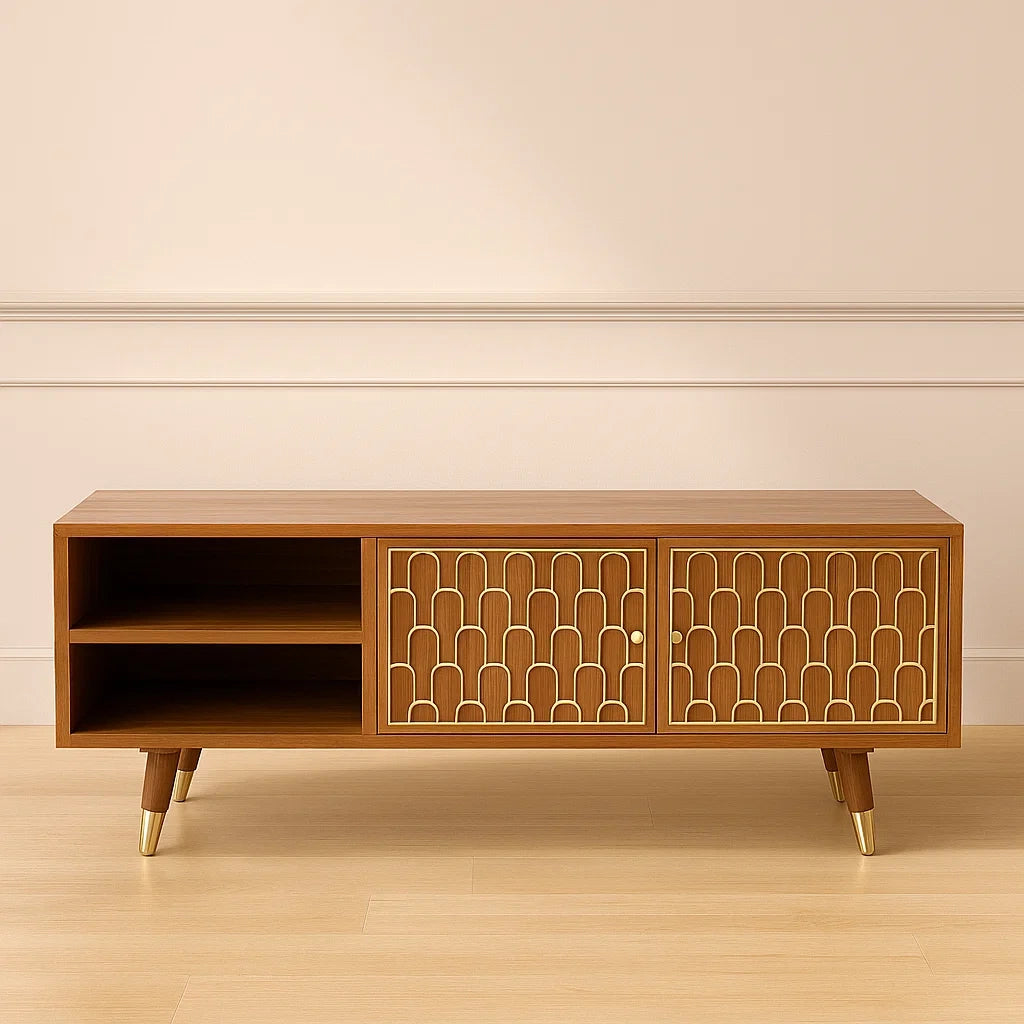 Meuble TV bois placage métal rectangulaire 150x45x55 cm marron doré