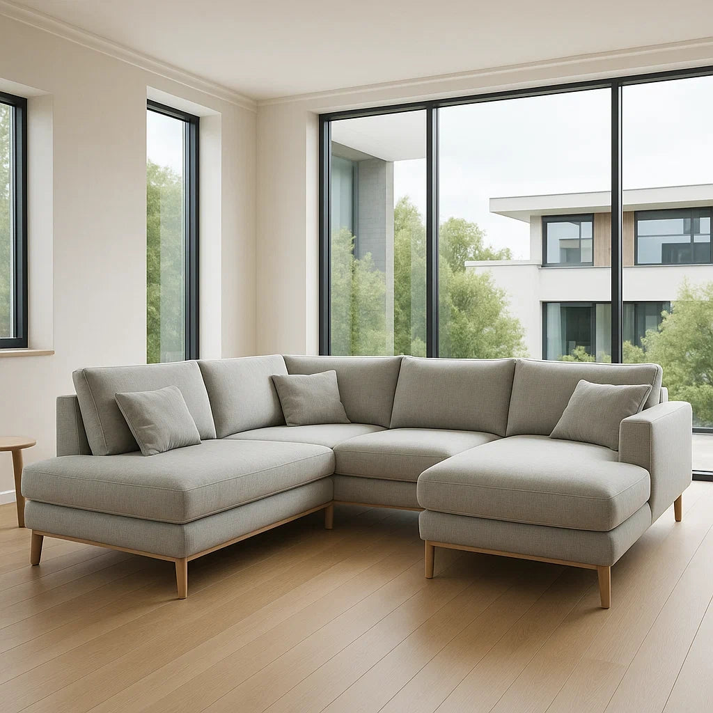 Canapés panoramiques modulables en tissu polyester gris clair avec pieds en bois 342x220x85 cm