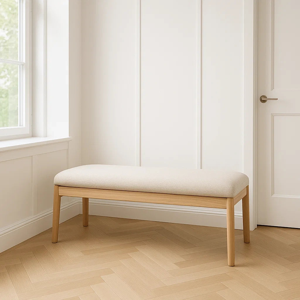 Banc d'entrée rembourré en tissu beige en bois de hêtre 120x40x45 cm