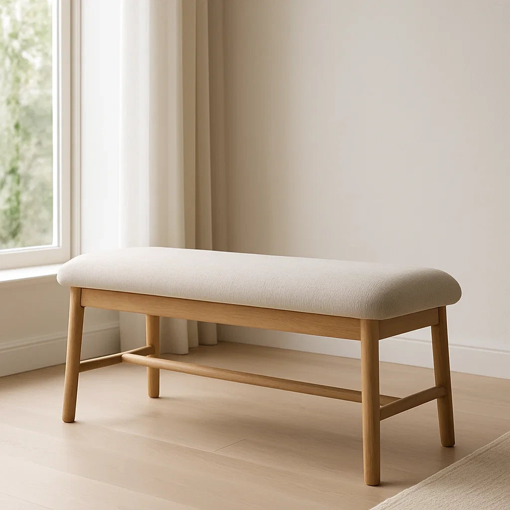 Banc d'entrée rembourré tissu polyester beige cadre en bois hêtre 110x40x45 cm