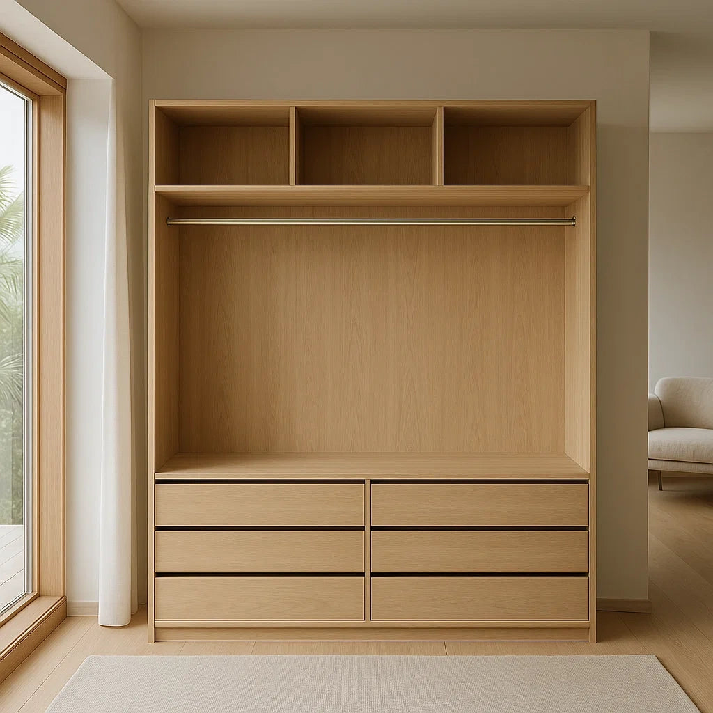 Coiffeuse chêne clair avec portant et 6 tiroirs en panneaux de particules 200x180x60 cm