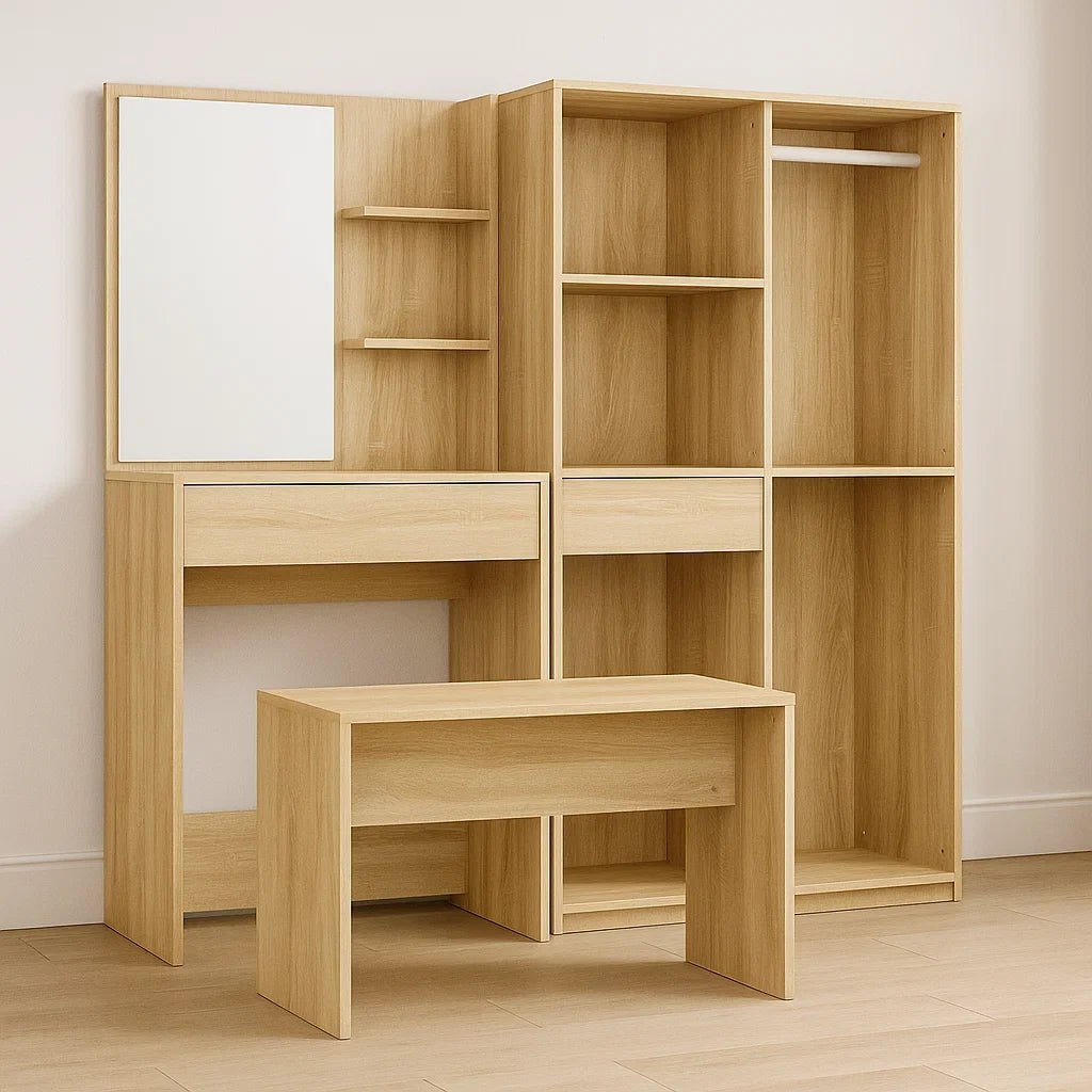Coiffeuse en bois d'ingénierie avec miroir en verre et tabouret chêne clair, penderie incluse
