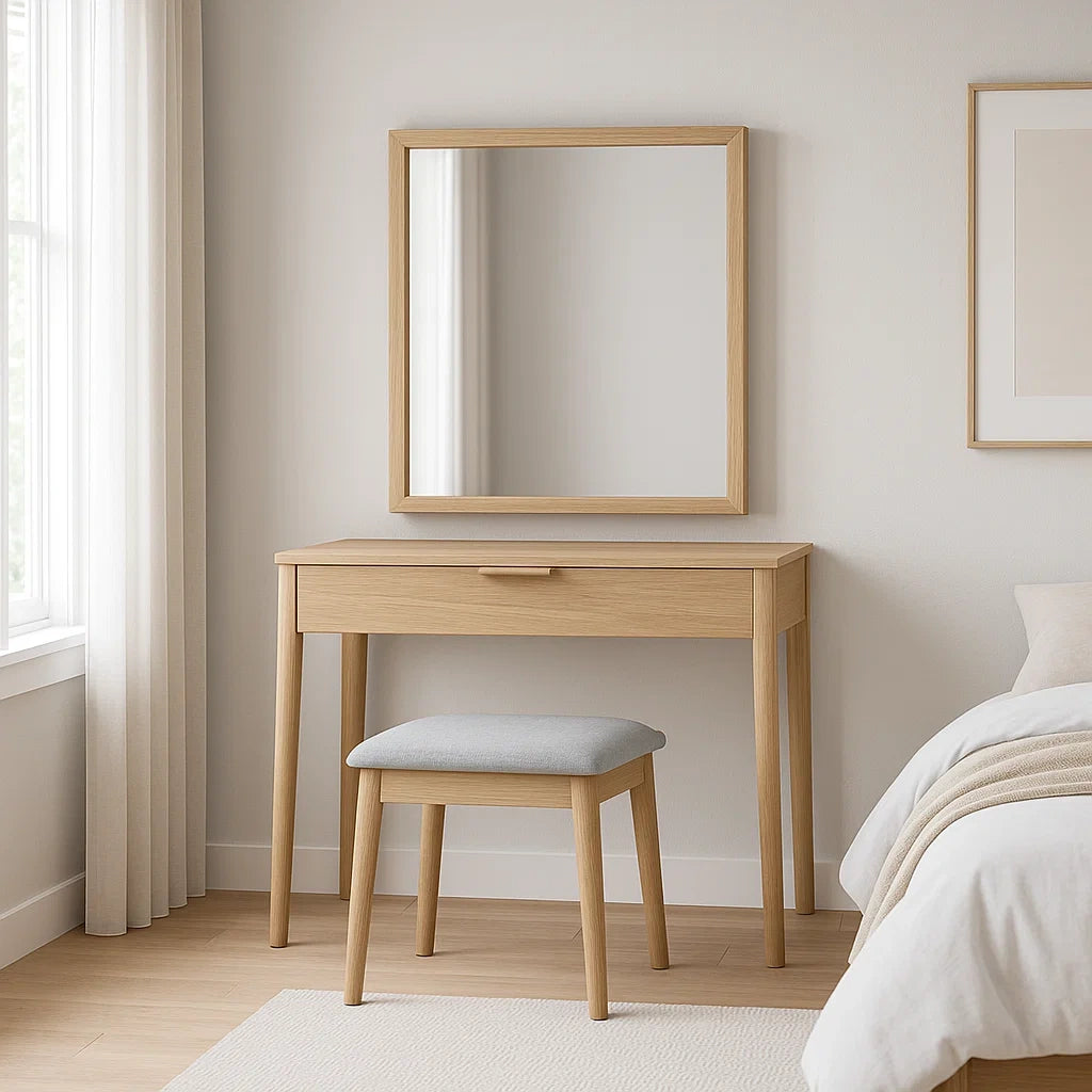Coiffeuse en chêne avec miroir et tabouret en tissu gris