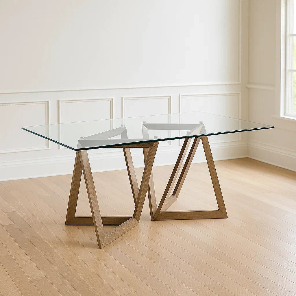 Tables à manger rectangulaires en verre trempé transparent avec pieds en bois marron 180x90x75 cm