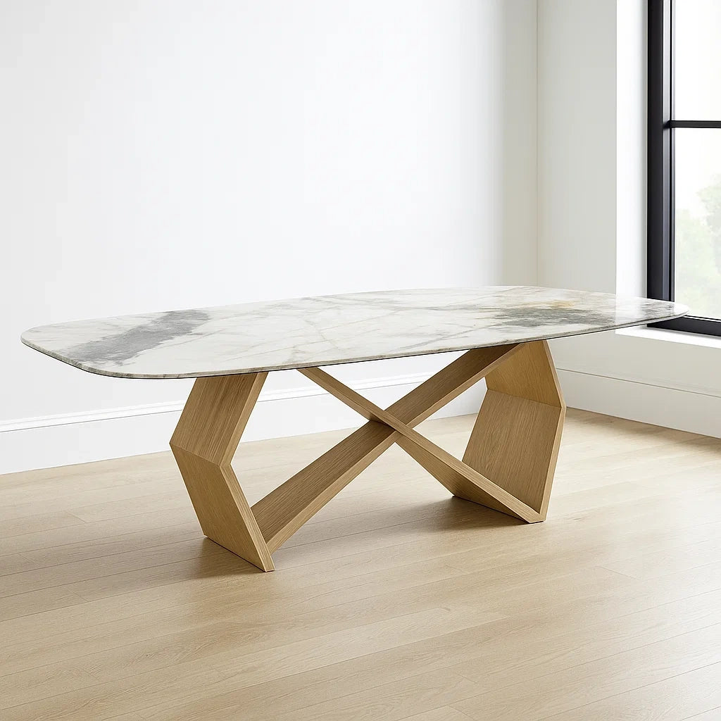 Tables à manger rectangulaire en marbre blanc avec pieds en bois de chêne 200x100x75 cm