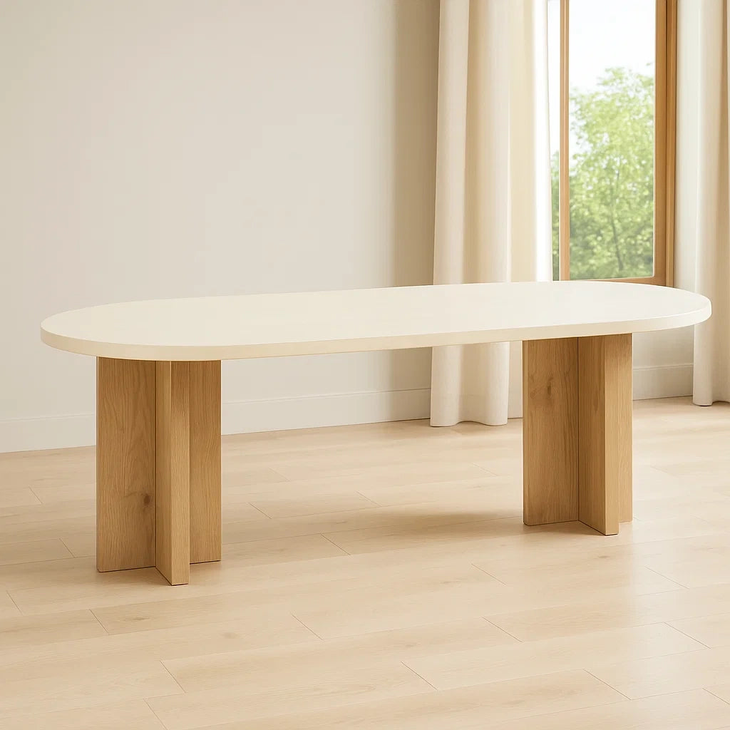 Tables à manger ovale crème en MDF avec pieds en chêne 200x90x75 cm