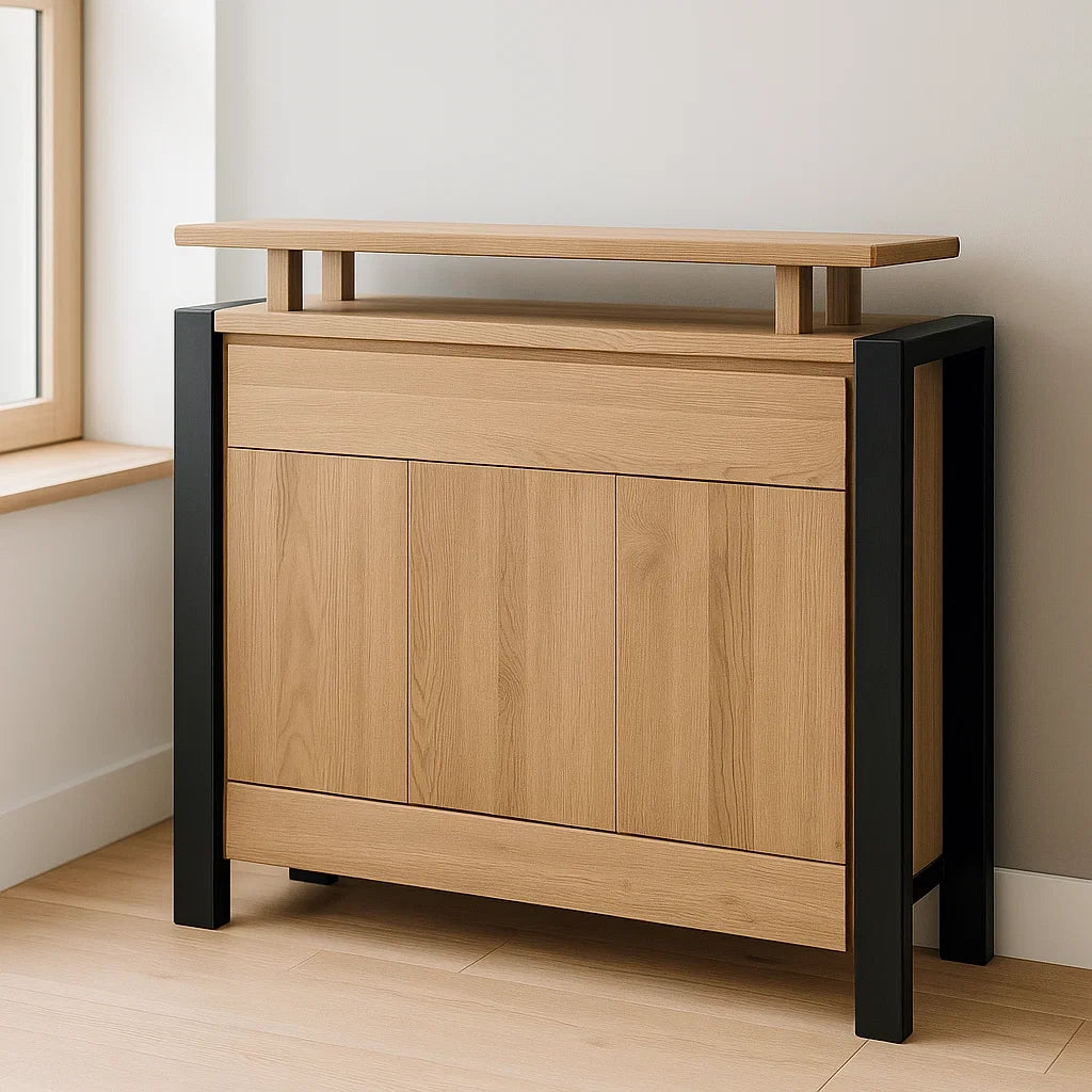 Bar en bois chêne avec cadre métal noir 90x40x80 cm