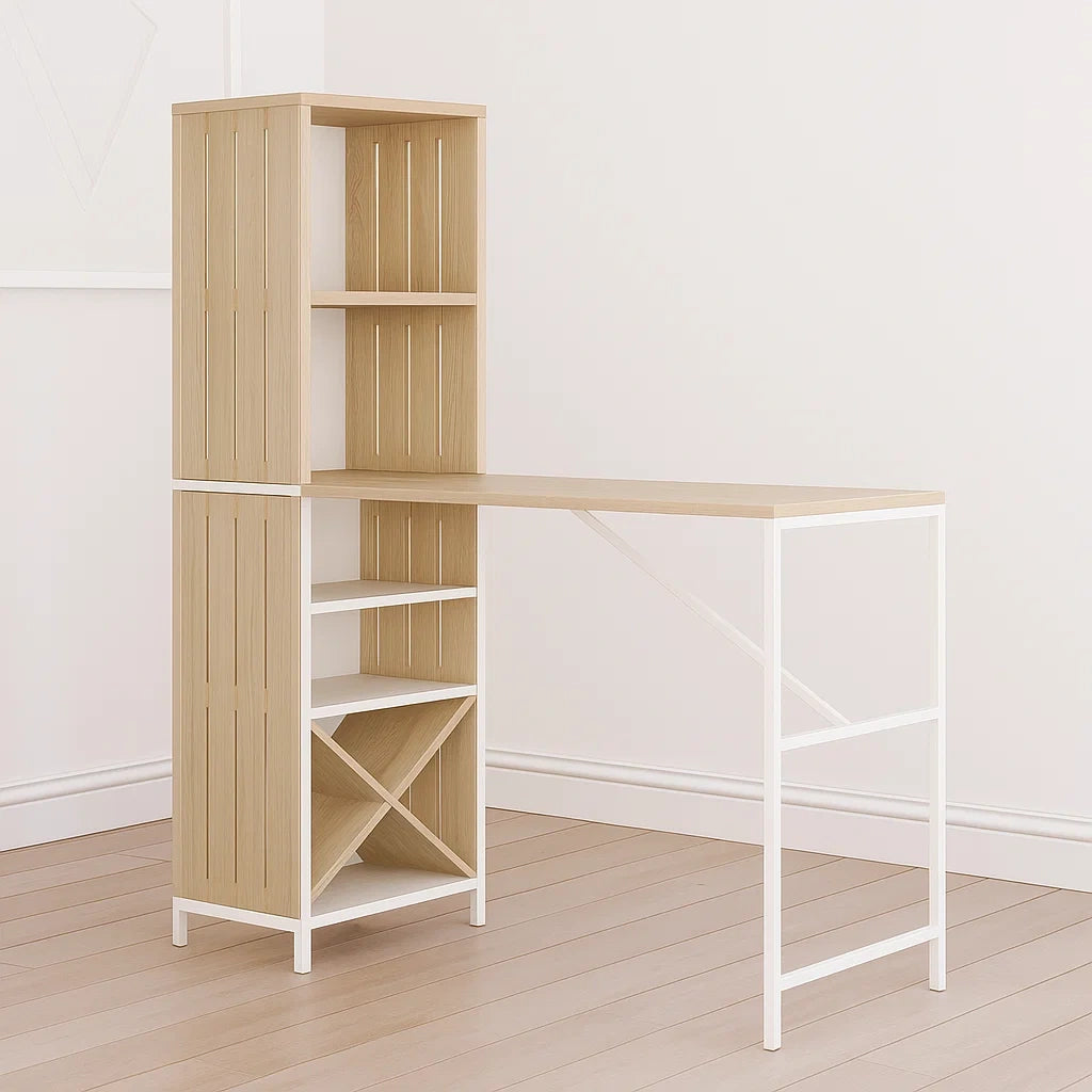 Barre d'angle en panneau de particules et métal chêne/blanc 120x60x145 cm