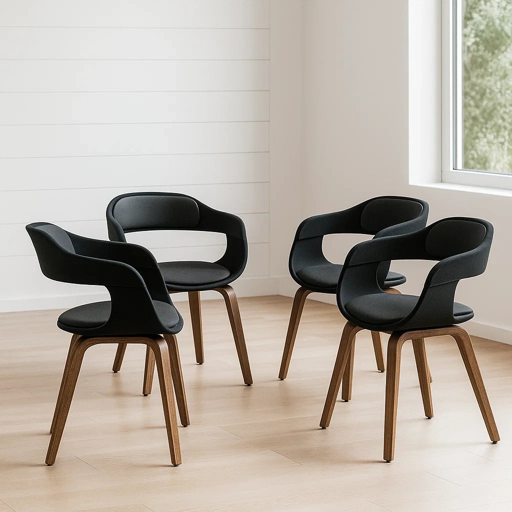 Lot de 4 chaises de salle à manger en tissu polyester noir avec pieds en bois