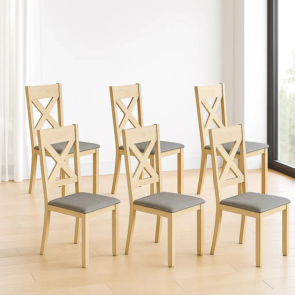 Lot de 6 chaises de salle à manger en bois clair avec assise en tissu gris