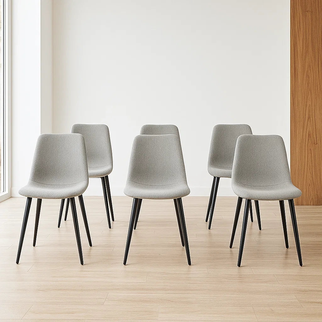 Lot de 6 chaises de salle à manger en tissu gris avec pieds en métal noir