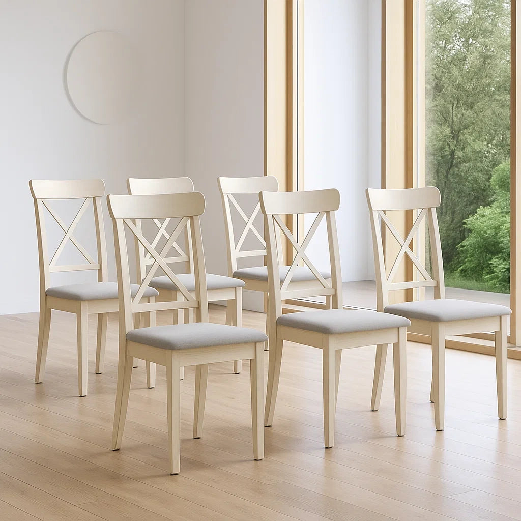 Lot de 6 chaises de salle à manger en bois blanc avec assise rembourrée en tissu polyester