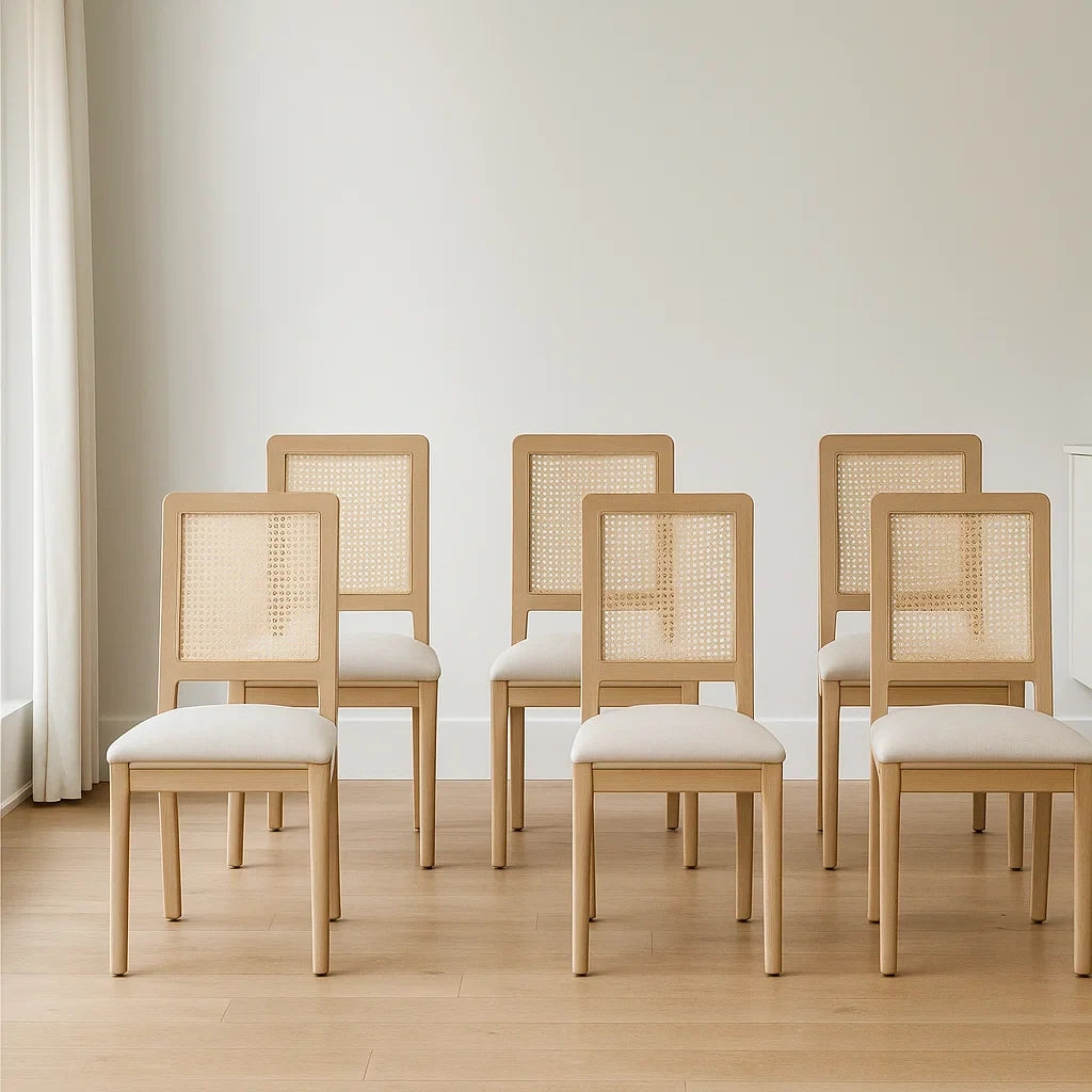 Lot de 6 chaises de salle à manger en bois de hêtre et rotin avec assise en tissu crème