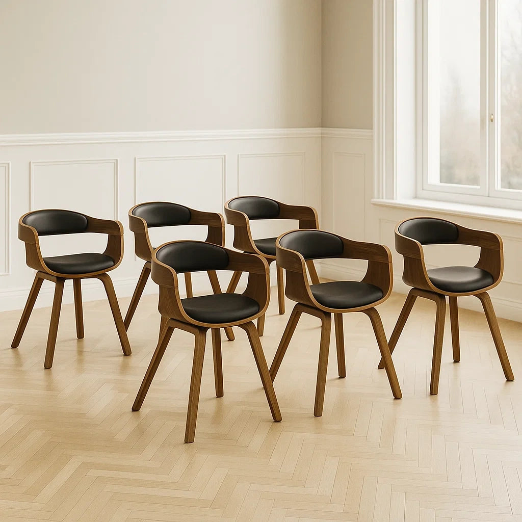 Lot de 6 chaises de salle à manger en bois courbé avec assise en cuir PU noir