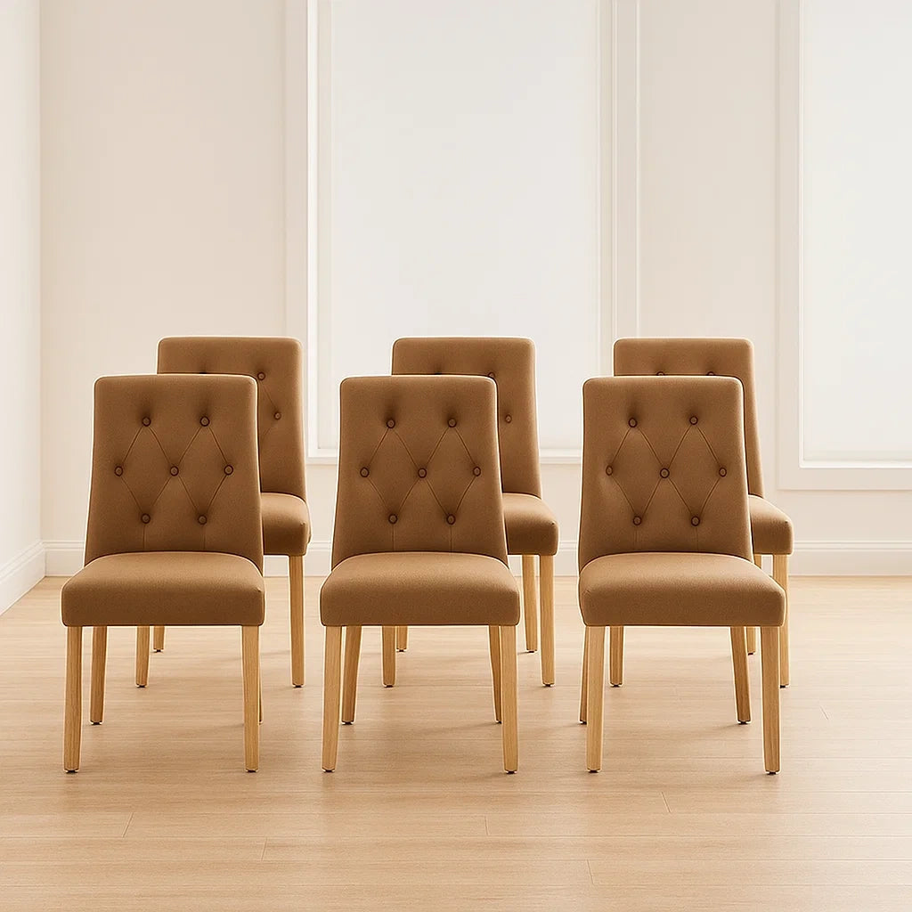Lot de 6 chaises de salle à manger rembourrées en tissu polyester marron avec structure en bois de hêtre 45x55x85 cm
