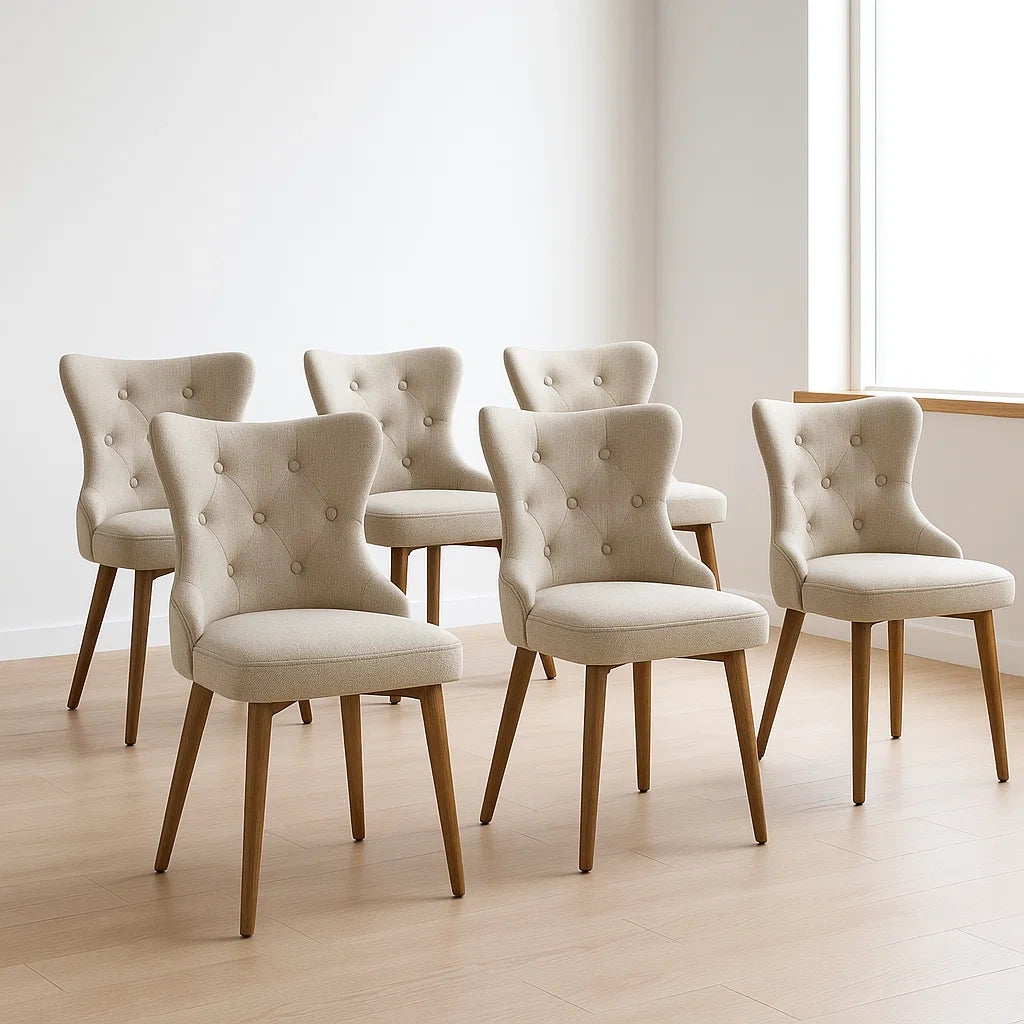 Lot de 6 chaises de salle à manger capitonnées en tissu beige avec pieds en bois 85 cm