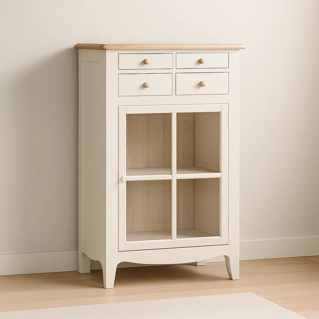 Vitrines en bois blanc avec tiroirs et porte en verre 120x80x40 cm