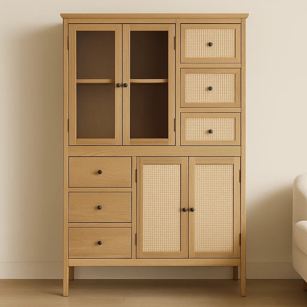 Vitrines en bois et rotin avec 6 tiroirs et 4 portes 200x100x40 cm