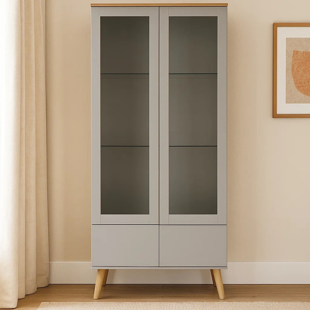 Vitrine meuble de rangement 2 portes en verre avec 4 pieds Gris/Marron clair MDF/verre trempé 180x80x35 cm
