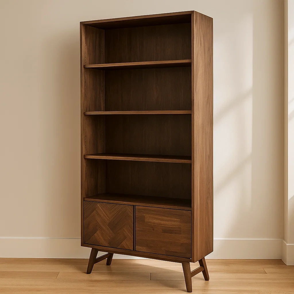 Vitrines en bois noyer avec 4 étagères et 2 portes