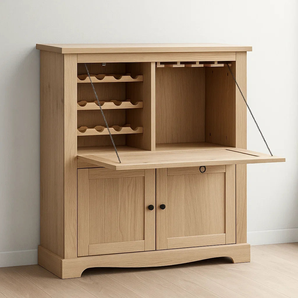 Bar en chêne clair avec rangement à vin et abattant