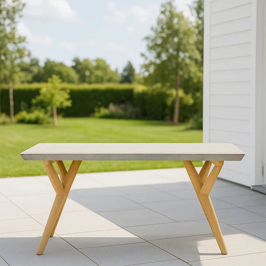 Table basse de jardin résine rectangulaire effet béton pieds bois