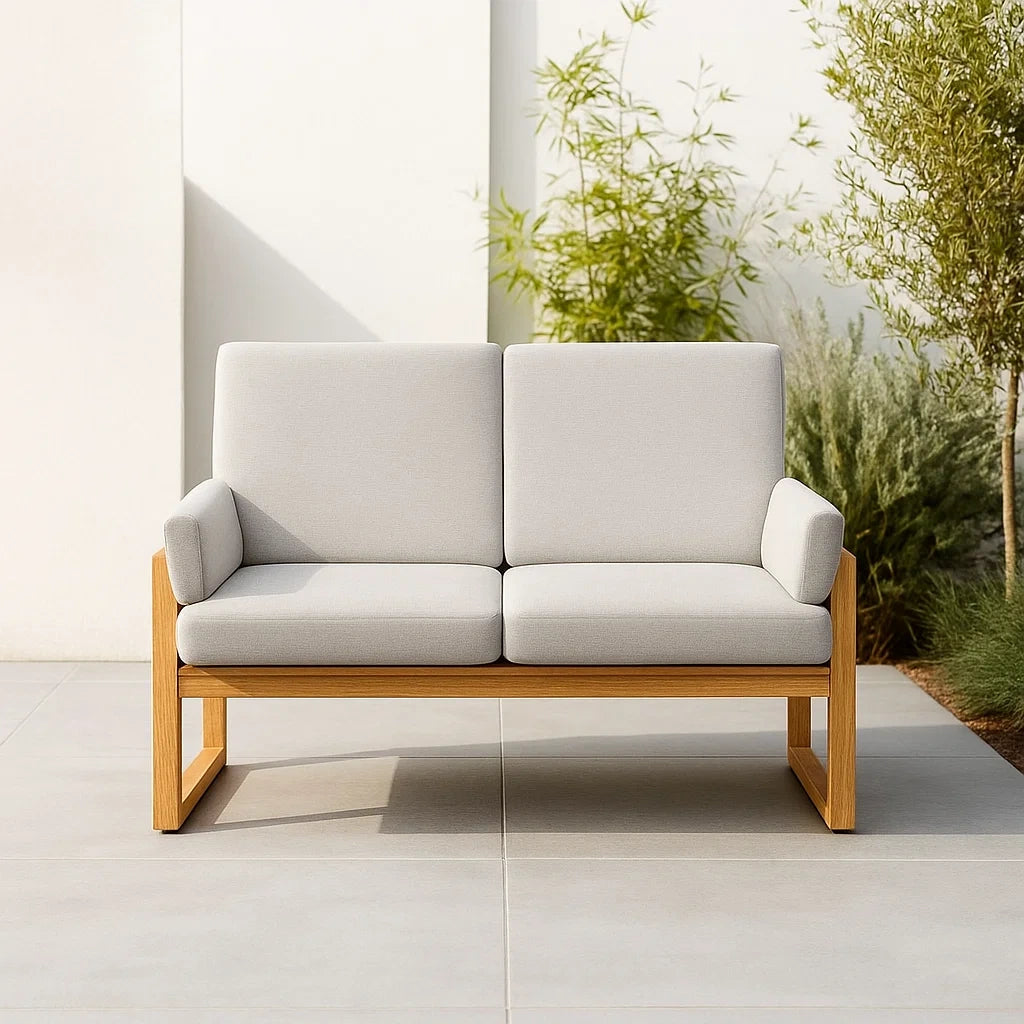 Canapé d'extérieur tissu gris clair cadre bois 2 places