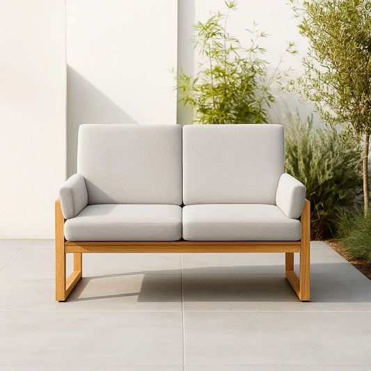 Canapé d'extérieur tissu gris clair cadre bois 2 places