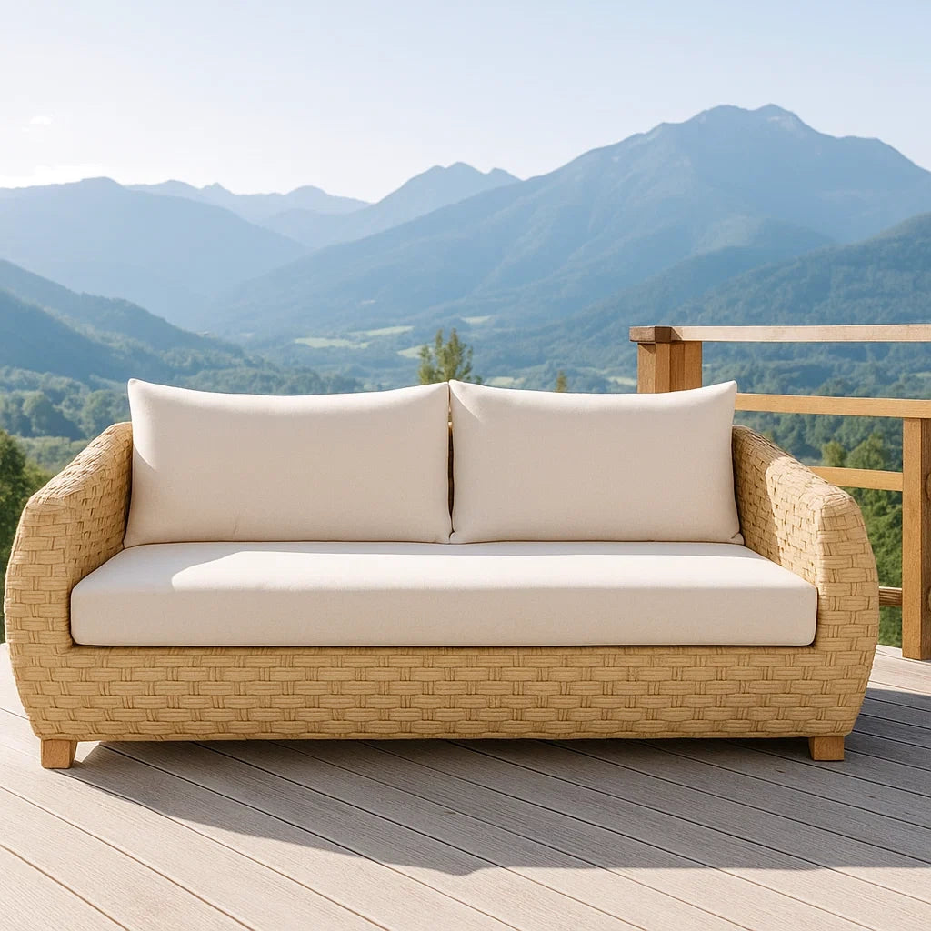 Canapé d'extérieur résine tressée coussins naturels tissu polyester beige