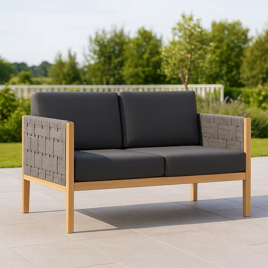 Canapé d'extérieur 2 places cadre bois coussins polyester gris