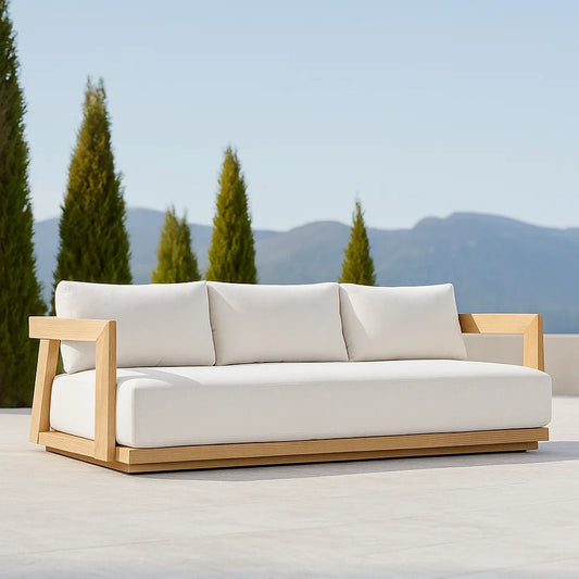 Canapé d'extérieur 3 places bois de chêne tissu polyester blanc rectangulaire