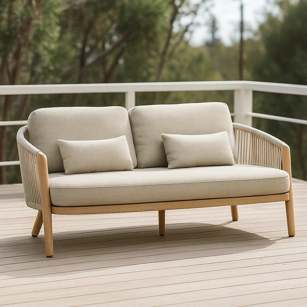 Canapé d'extérieur 2 places corde et bois 150x80x85 cm beige