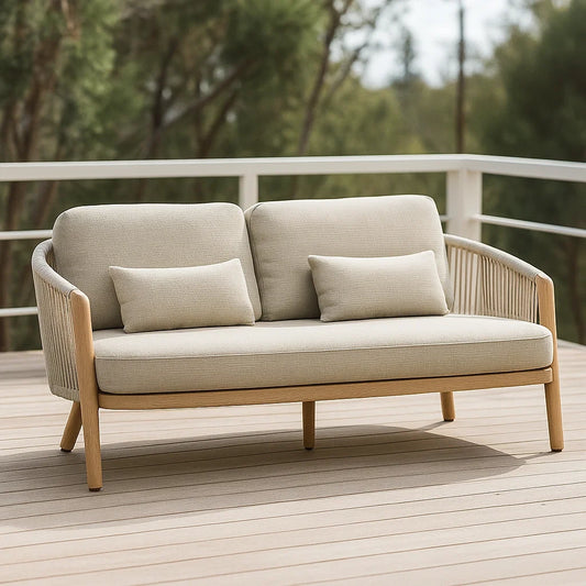 Canapé d'extérieur 2 places corde et bois 150x80x85 cm beige