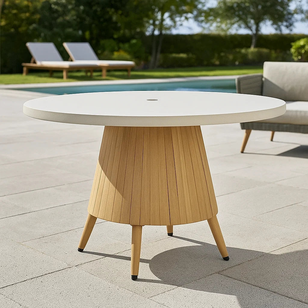 Table de jardin ronde plateau résine blanc socle bois teck