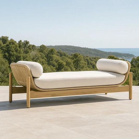Chaise longue bois coussins amovibles dossier fibre synthétique 200x80x60 cm beige