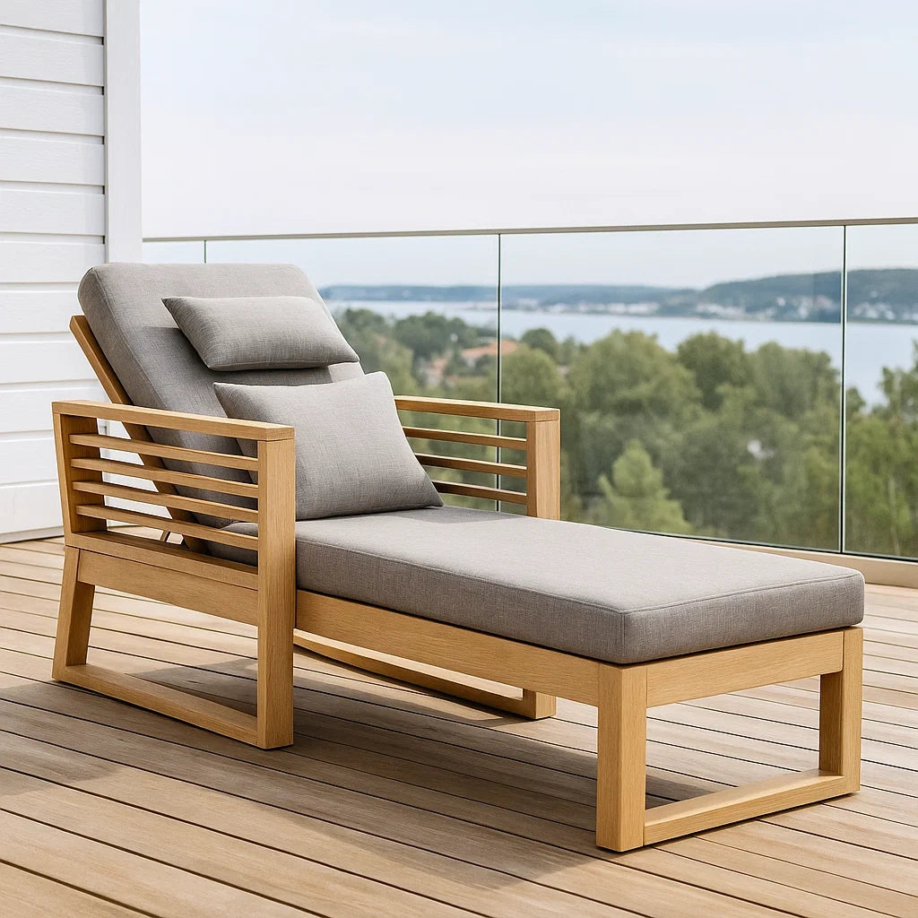 Chaise longue de jardin réglable bois beige coussins polyester
