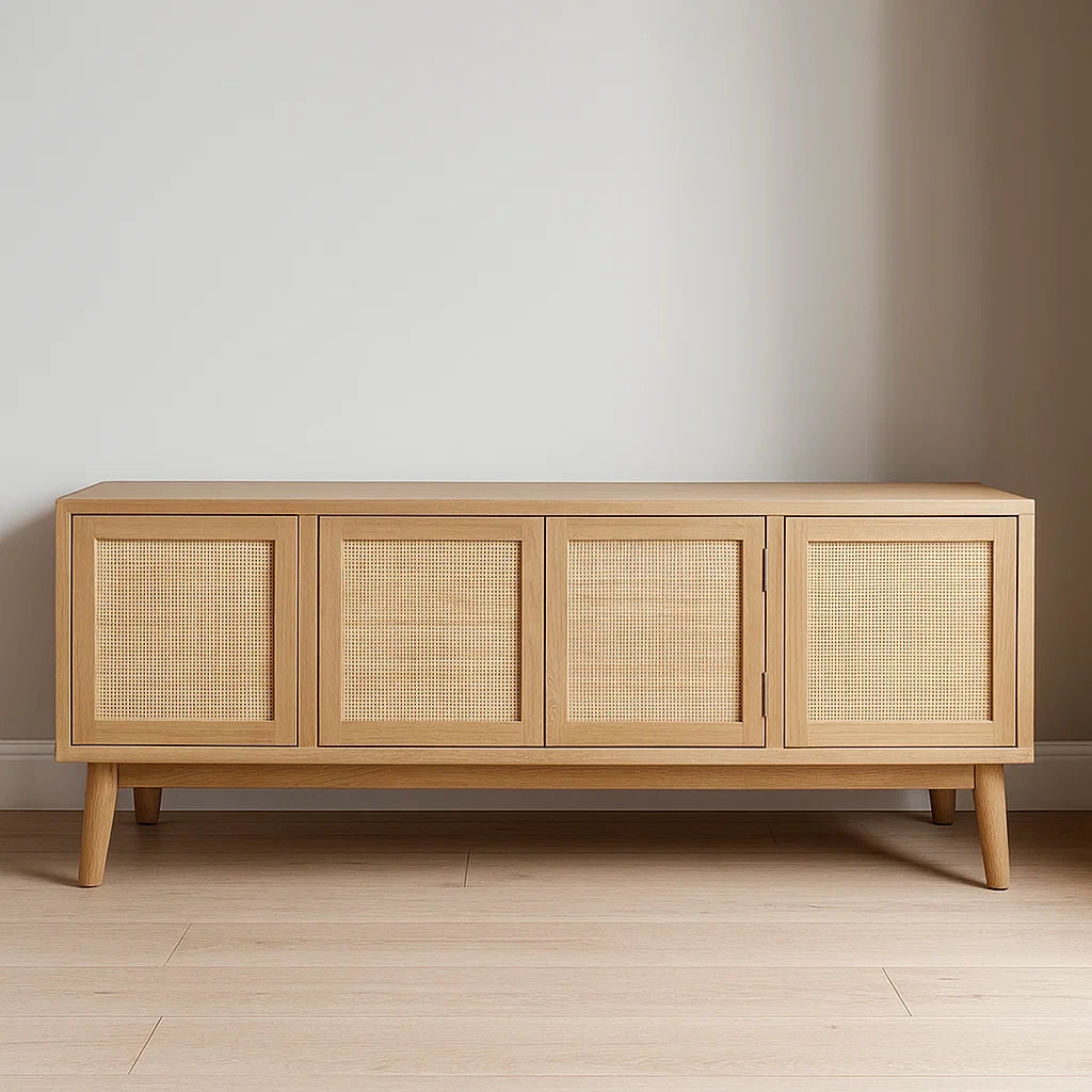 Meuble TV bois massif et rotin naturel rectangulaire 180x45x80 cm