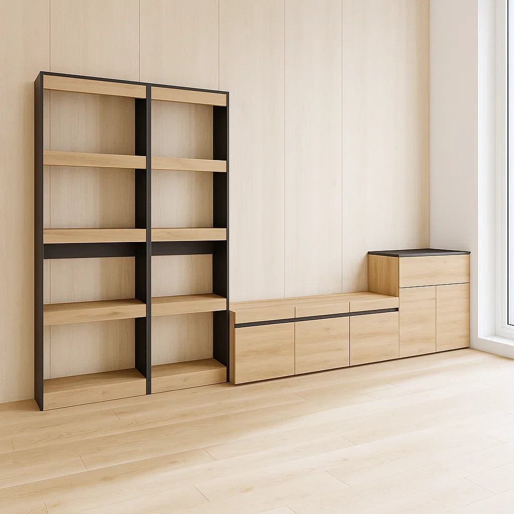 Meuble TV bois chêne clair avec étagères et placards