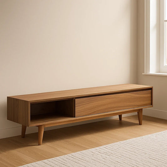 Meuble TV bois massif avec tiroir et compartiment ouvert 150x40x45 cm