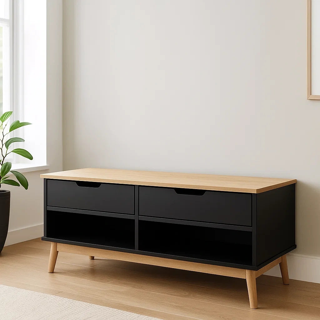 Meuble TV bois MDF chêne/noir avec tiroirs 120x40x50 cm